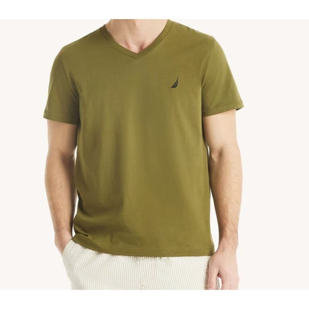 Nautica Men’s V-Neck T-Shirt Olive Green Army Green Short Sleeve Size M